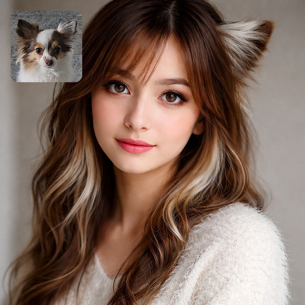 A close-up shot of a fluffy dog with large, expressive eyes and perky ears, standing against a textured stone background. The dog's fur is a mix of white and brown, giving it a charming and curious look.