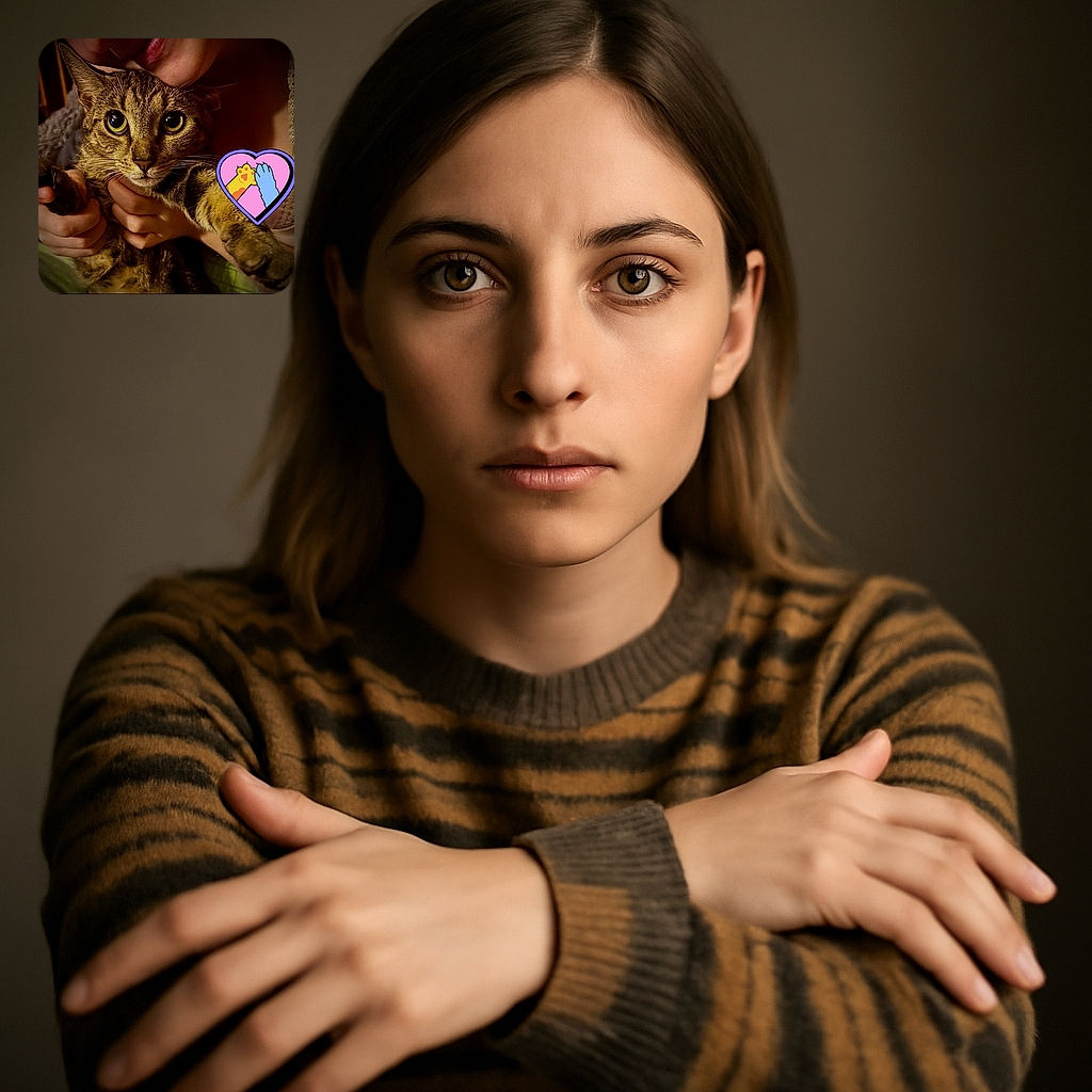 A close-up photo of a wide-eyed tabby cat being gently held by a person whose smiling mouth is partially visible above the cat's head. The cat looks directly at the camera with large, curious eyes. A colorful heart-shaped cartoon sticker with a paw and hand touching is overlaid on the cat's outstretched paw, adding a playful touch to the warm and intimate moment.
