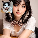 A wide-eyed tuxedo cat in a leopard-print bow tie and jingle bell stares straight at the camera like it’s auditioning for 'most dramatic loaf' while perched on a wooden table — captured as a phone screenshot of pure feline glamour.