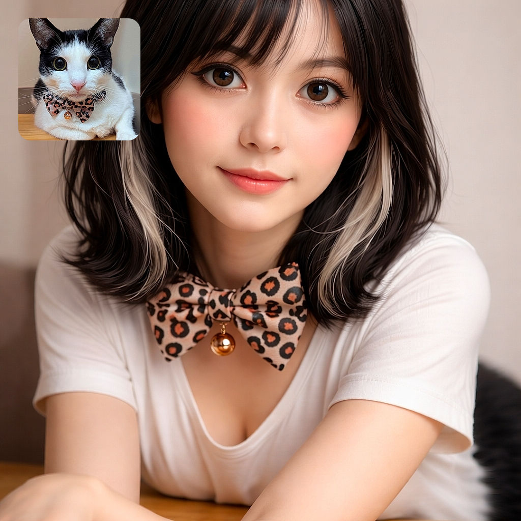 A wide-eyed tuxedo cat in a leopard-print bow tie and jingle bell stares straight at the camera like it’s auditioning for 'most dramatic loaf' while perched on a wooden table — captured as a phone screenshot of pure feline glamour.