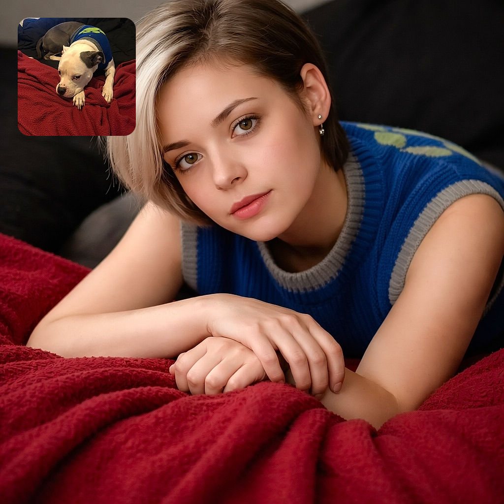 A cozy pup in a blue sweater flopped on a red blanket, giving the camera a dramatic side-eye while plotting naps and snack heists. Background laptop and rumpled bedding complete the 'working from bed, ignoring my human' vibe.