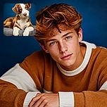 A beautifully groomed brown-and-white puppy lounges on a gray cushion, dangling its oversized paws over the edge like a tiny furry aristocrat who has claimed the throne. Its head tilt and soulful eyes suggest it is waiting for snacks, compliments, or both, against a clean deep-blue studio background.