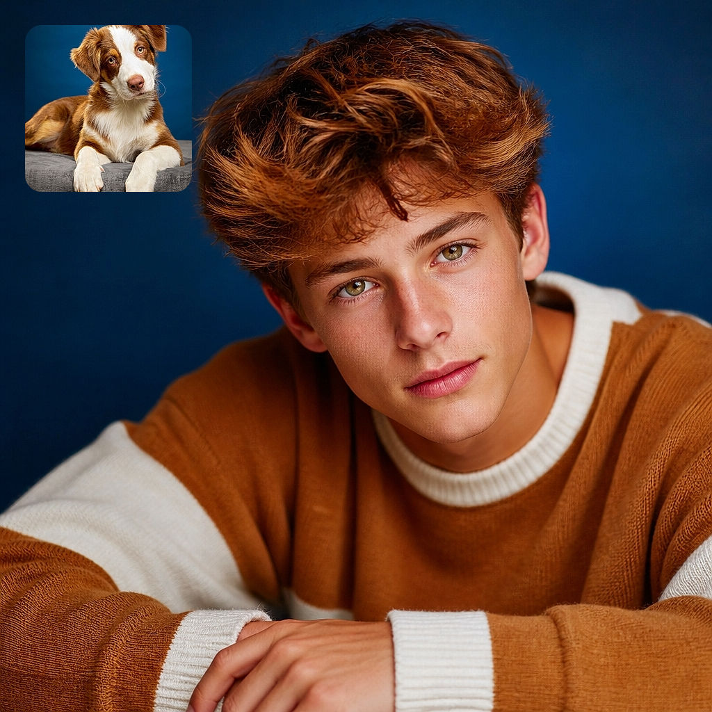 A beautifully groomed brown-and-white puppy lounges on a gray cushion, dangling its oversized paws over the edge like a tiny furry aristocrat who has claimed the throne. Its head tilt and soulful eyes suggest it is waiting for snacks, compliments, or both, against a clean deep-blue studio background.