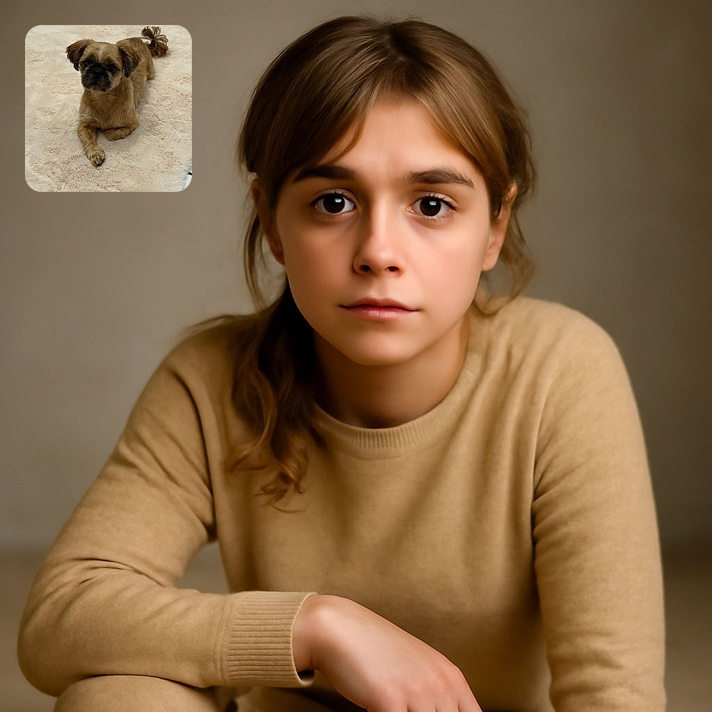 A small, fluffy dog with a dark face and light brown fur lounges comfortably on a soft, cream-colored textured rug, looking curiously at the camera with adorable, shiny eyes.