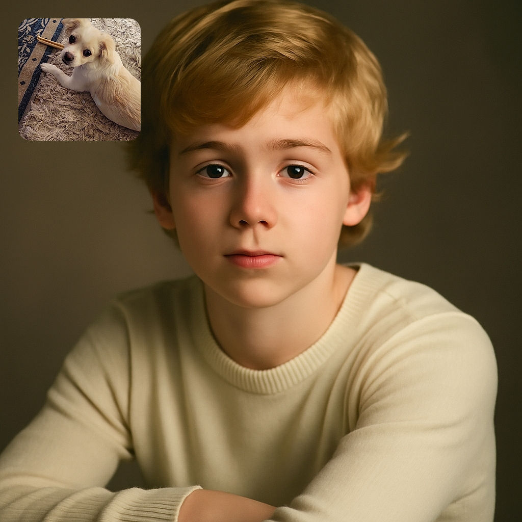 A cute cream-colored puppy lounges on a fluffy beige rug next to a decorative blue and beige carpet, giving the camera an innocent and curious look while resting its paw on a chew stick.