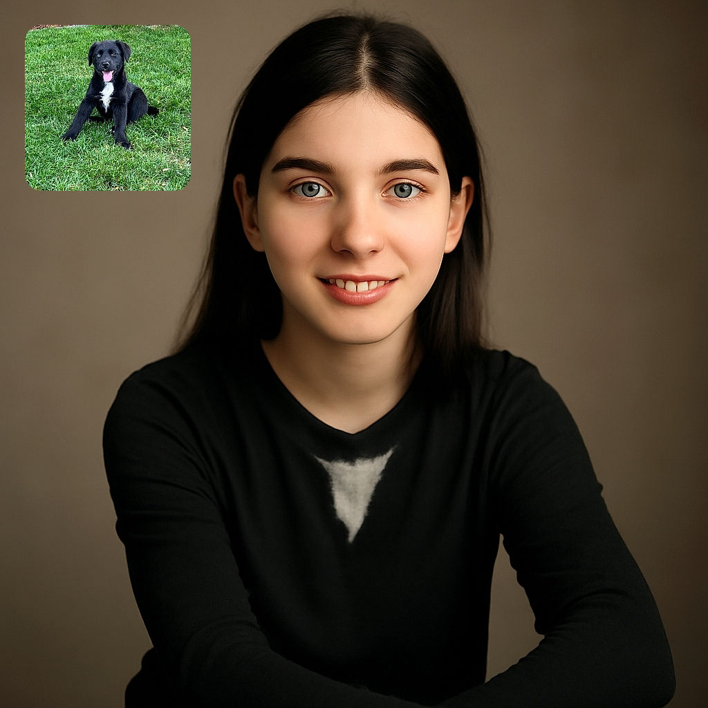 A happy black puppy with a unique pair of eyes—one blue and one brown—sits cheerfully on a lush green lawn, tongue out in a playful grin, ready to make friends or start an adventure.