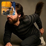 A happy man is gently petting a fluffy cat with a bushy tail in a cozy kitchen setting. The cat seems to be stretching or playing on a wooden floor, while the man smiles warmly, creating a heartwarming moment of pet companionship.