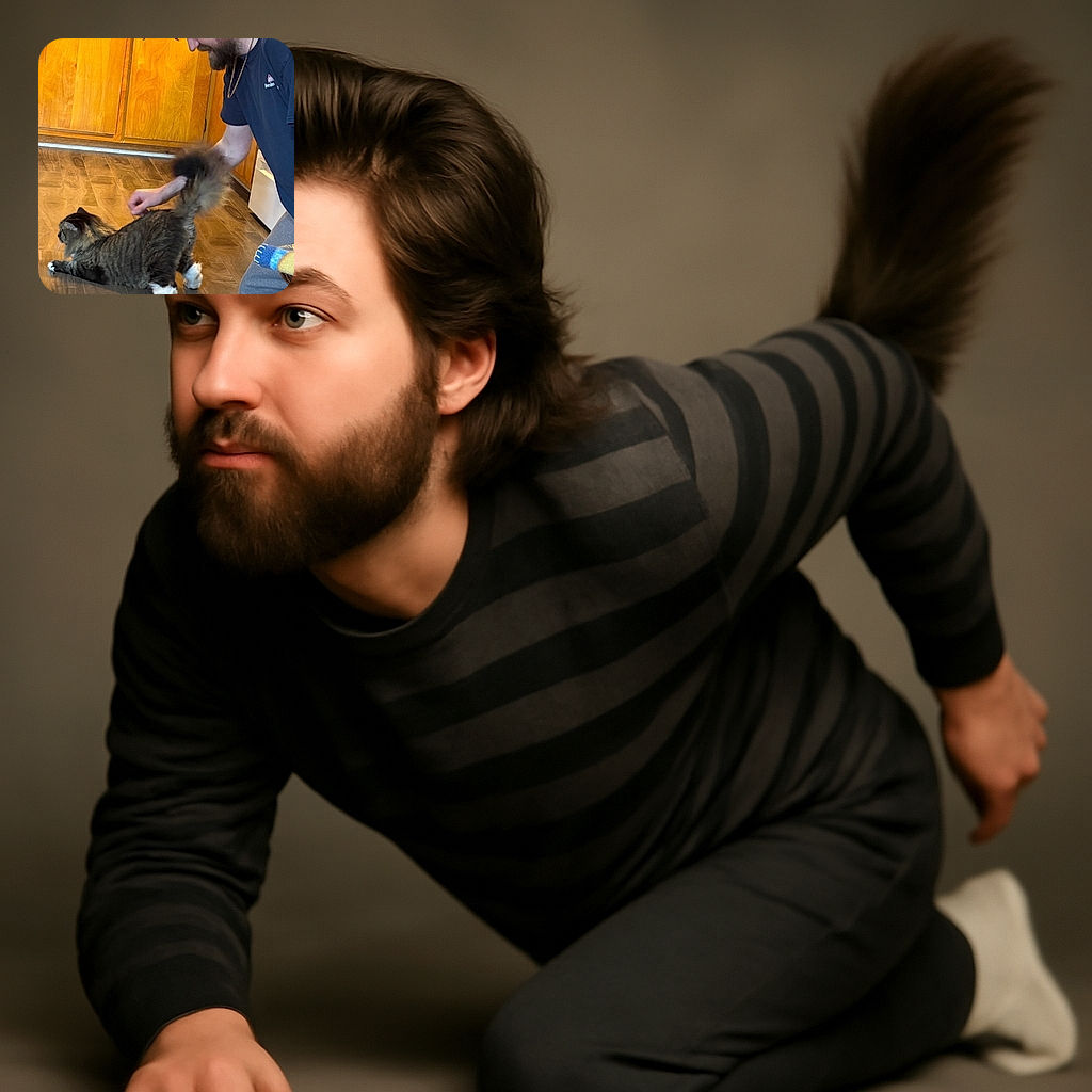 A happy man is gently petting a fluffy cat with a bushy tail in a cozy kitchen setting. The cat seems to be stretching or playing on a wooden floor, while the man smiles warmly, creating a heartwarming moment of pet companionship.