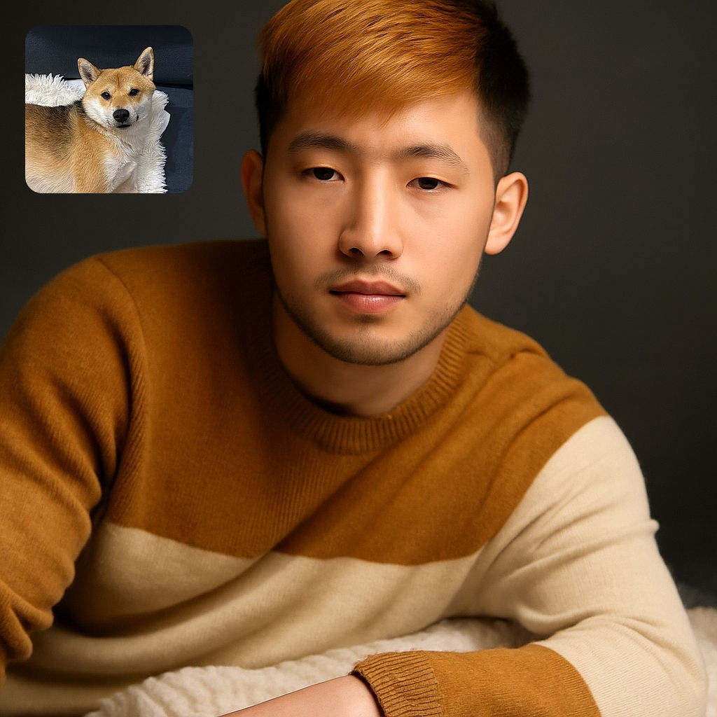 A relaxed Shiba Inu dog lounges comfortably on a fluffy white rug against a dark couch backdrop, gazing calmly at the camera with a serene expression.