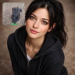 Raven the soulful black dog stares up with impossibly golden eyes, as if judging your snack choices while seated on a dirt runway—one tiny white chest tuft adding dramatic contrast. Cute, earnest, and slightly muddy.