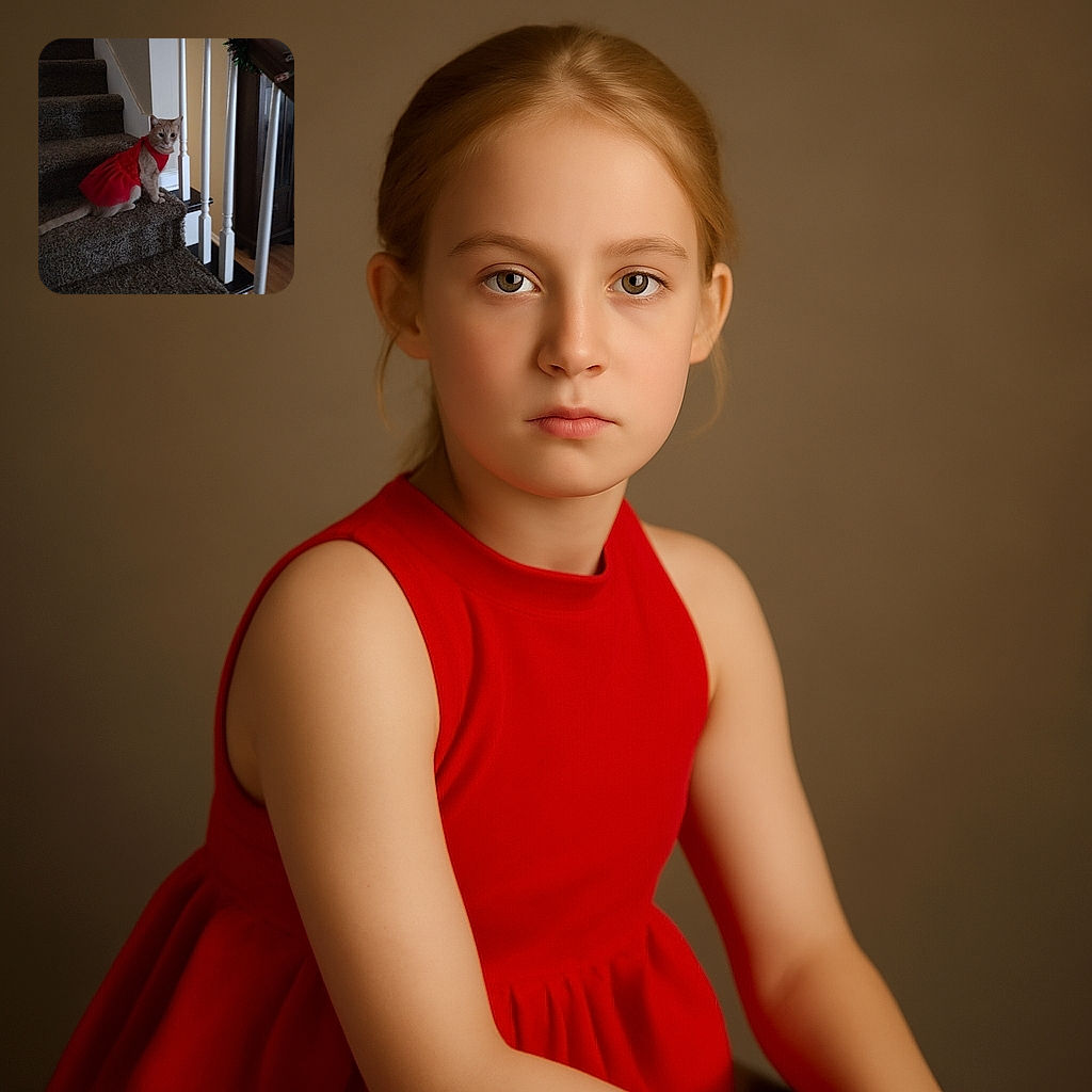 A charming cat wearing a bright red dress sits on a carpeted staircase, looking curiously towards the camera. The staircase is decorated with festive garland on the banister, adding a cozy holiday vibe to the scene.