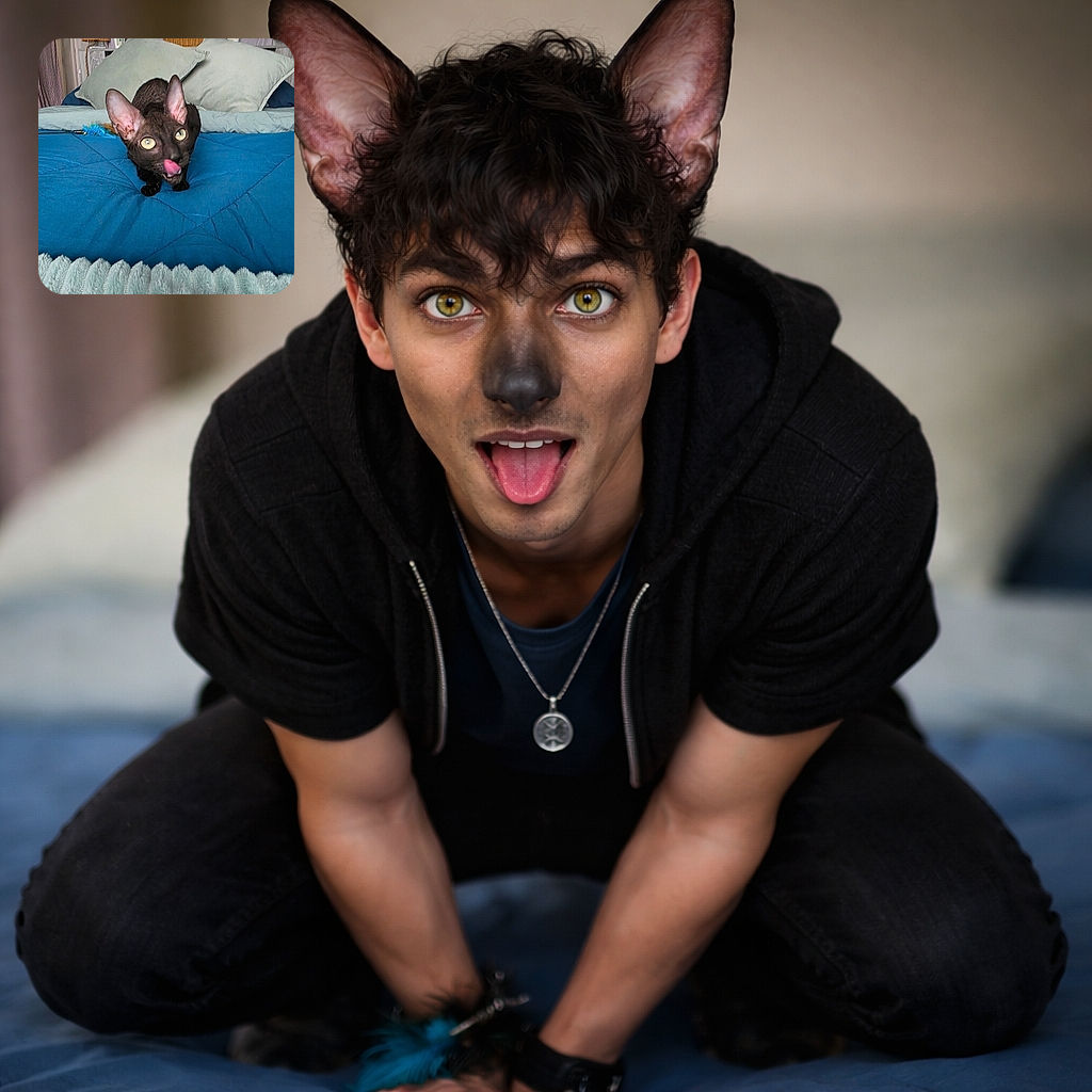 A quirky black cat with enormous ears and bright yellow eyes is caught mid-lick on a cozy blue bedspread, surrounded by soft pillows and homey decor, looking both curious and mischievous.