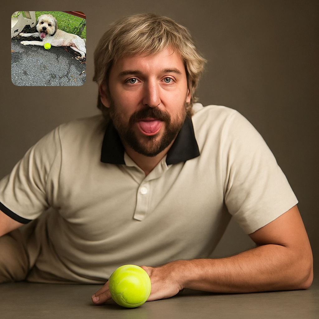 A fluffy dog is lying on a paved surface next to a tennis ball, tongue out and looking happily tired, with a green grassy background behind a chain-link fence and a wooden beam overhead.