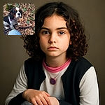 A small tricolor dog, likely a Cavalier King Charles Spaniel, sits attentively on a leafy forest floor next to a person's knee clad in blue jeans. The dog sports a pink collar and leash, looking curious and ready for an adventure amid the autumn leaves.