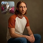 A curious dog awkwardly perched between two couches in a cozy living room, with a person lounging nearby and a TV playing a show in the background. The scene feels casual and homey, capturing a quirky moment of pet behavior.