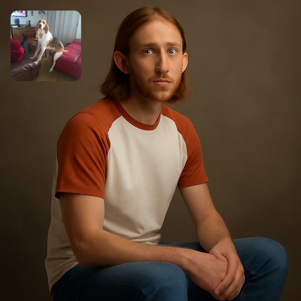 A curious dog awkwardly perched between two couches in a cozy living room, with a person lounging nearby and a TV playing a show in the background. The scene feels casual and homey, capturing a quirky moment of pet behavior.