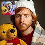 A cozy orange and white cat wearing a cute white knit hat with ears snuggles up to a bright yellow crocheted teddy bear, surrounded by soft pastel blankets, radiating pure snuggliness and warmth.
