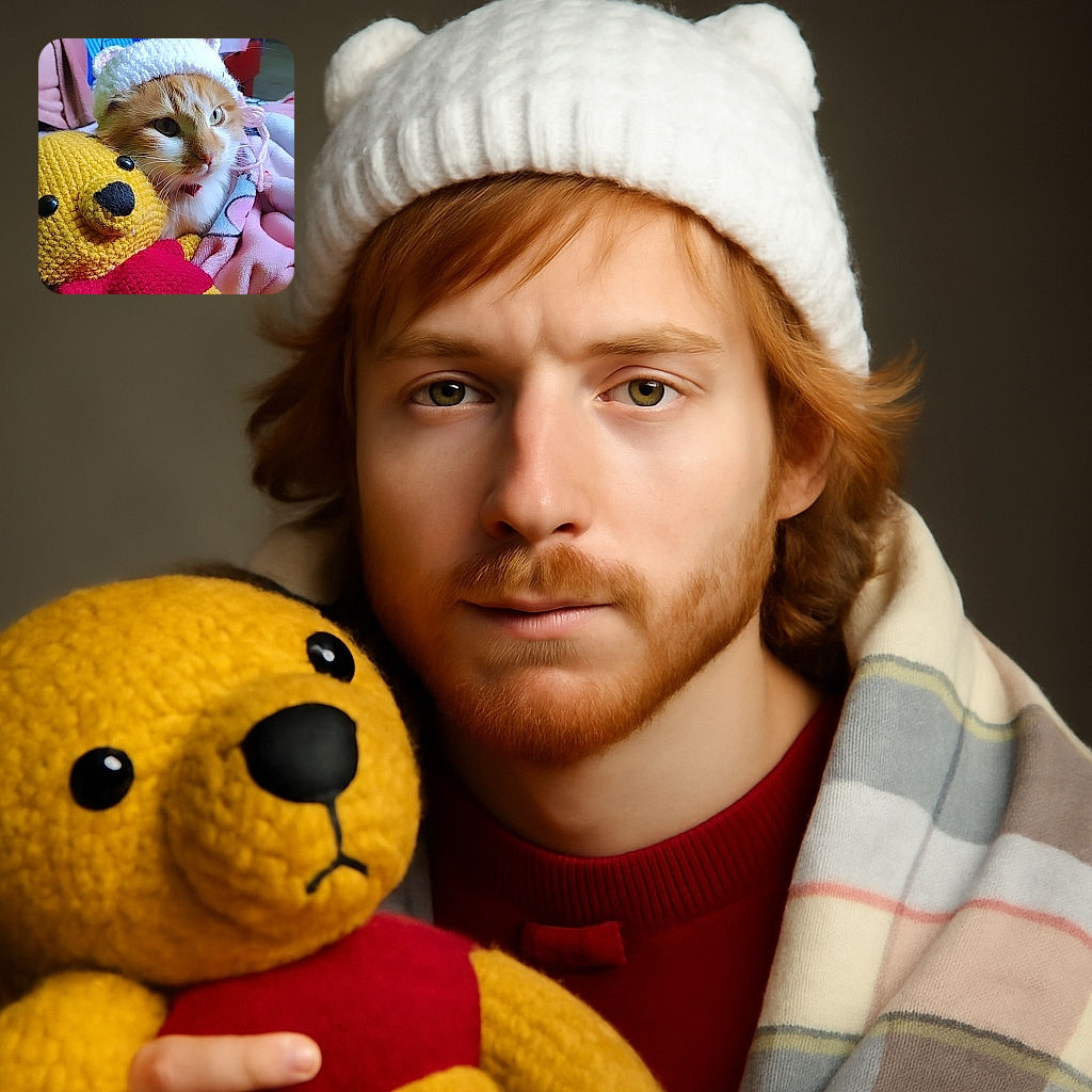 A cozy orange and white cat wearing a cute white knit hat with ears snuggles up to a bright yellow crocheted teddy bear, surrounded by soft pastel blankets, radiating pure snuggliness and warmth.
