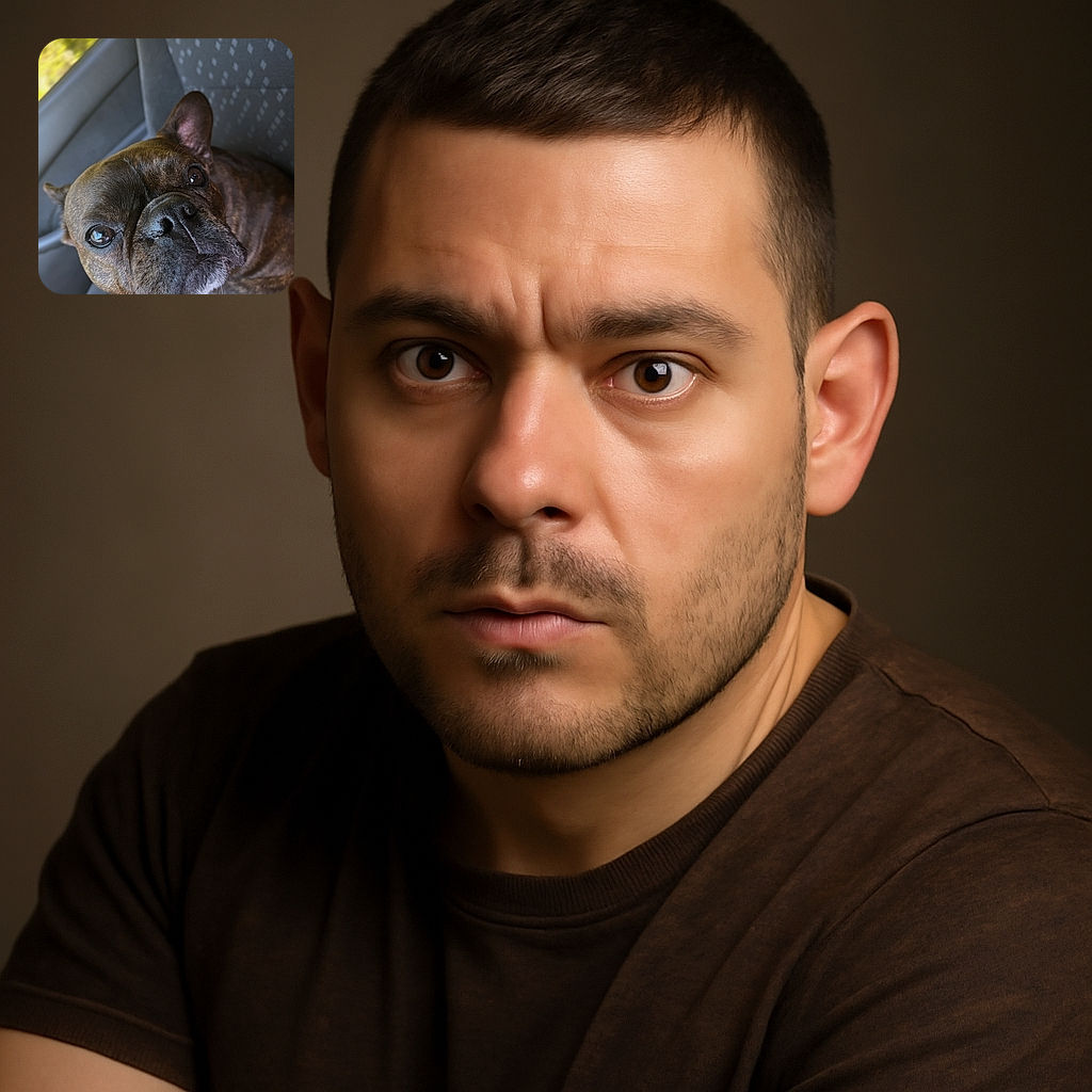 A close-up shot of a brindle French Bulldog sitting on a car seat, looking curiously into the camera with shiny eyes and a slightly wrinkled snout, surrounded by the textured fabric of the seat and a blurred green background outside the window.
