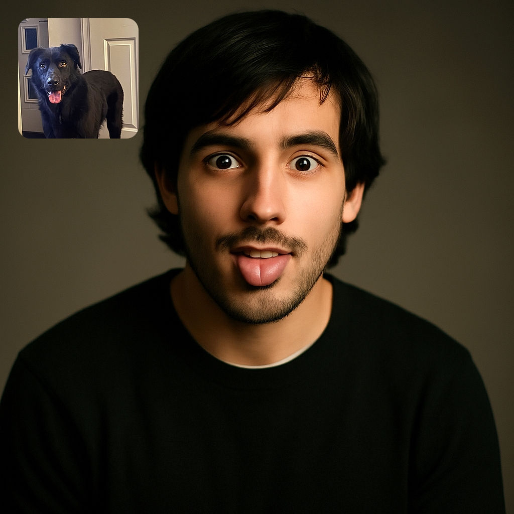 A happy black dog with a shiny coat and bright eyes stands indoors near a door, tongue out in a playful and friendly pose, looking ready for some fun or a walk.