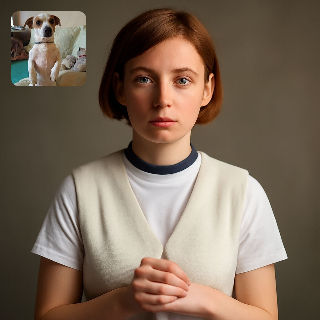 A small dog sitting upright on a couch, looking directly at the camera with a curious expression. The background shows a cozy living room setting with stuffed toys and a blanket. The photo is slightly out of focus but captures the dog's charming pose.