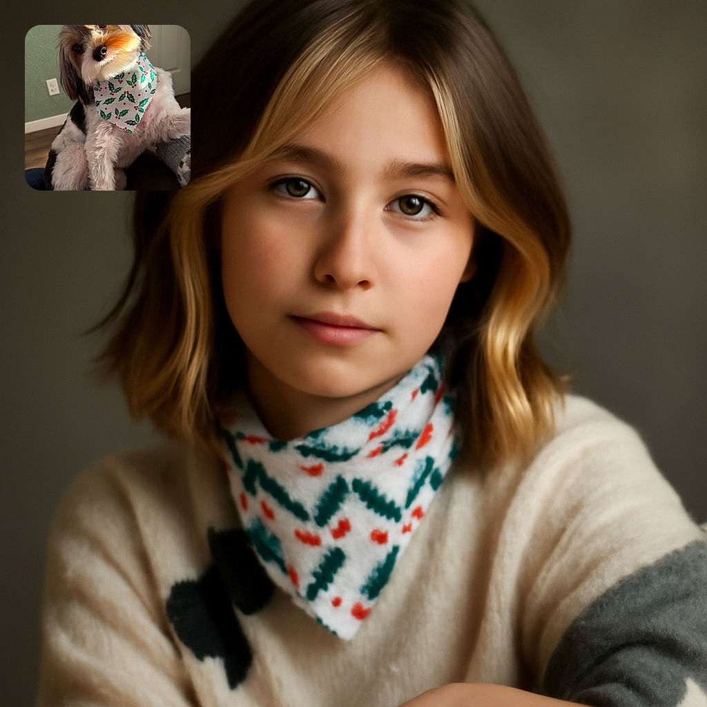 A fluffy dog wearing a festive holly-patterned bandana looks adorably curious with its head tilted, sitting comfortably indoors with a cozy, homey background.