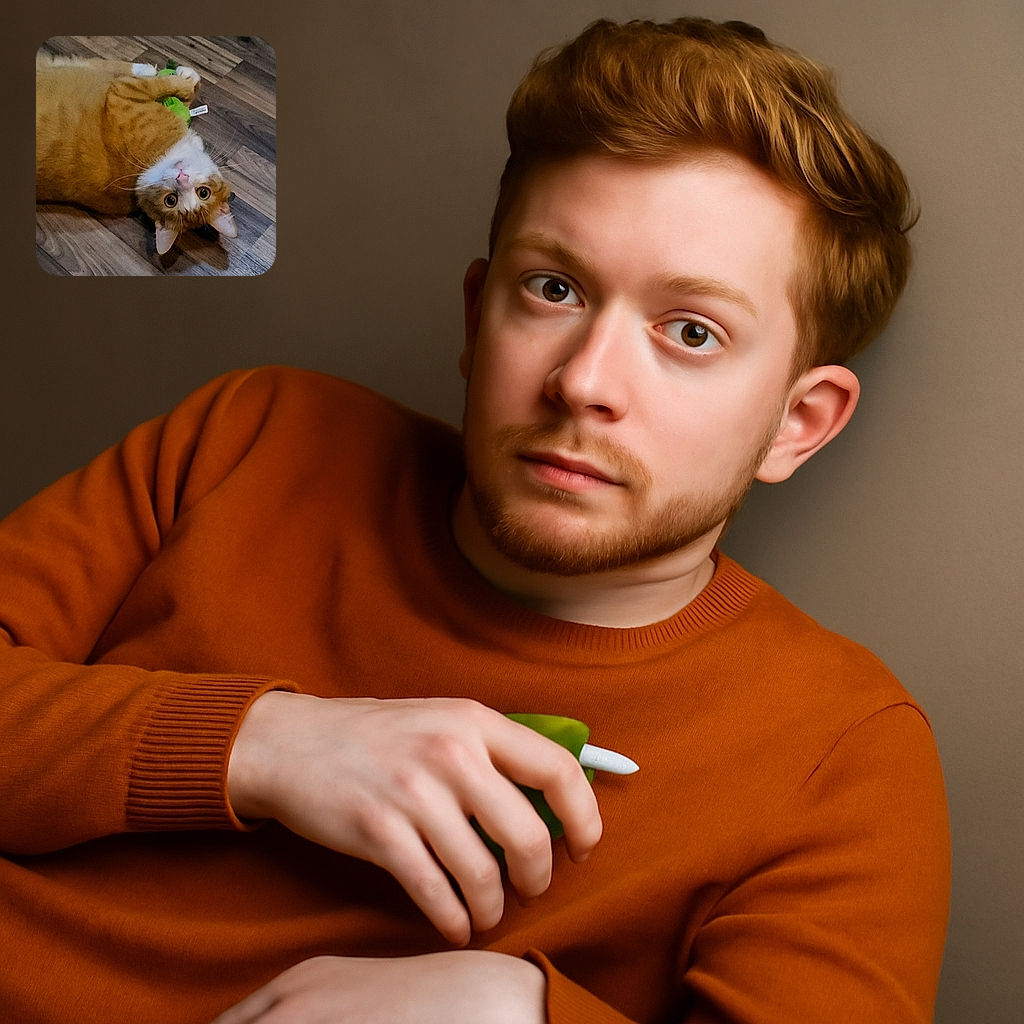 A charming ginger and white cat lies on its back on a wooden floor, clutching a green plush toy with a tag. The cat's wide eyes are looking directly at the camera, giving an innocent and playful vibe.