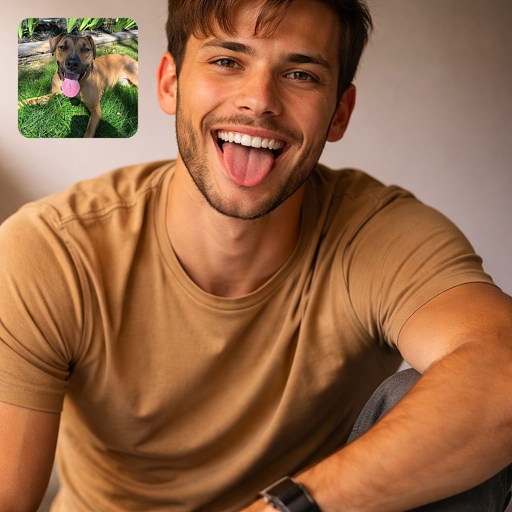 A happy dog lounging on vibrant green grass with its tongue playfully sticking out, basking in the warm sunlight with a garden backdrop of leafy plants and a stone border.