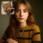 A close-up of a fluffy tabby cat with big, curious eyes and a shiny charm hanging from its collar, sitting on a white surface with a slightly blurry background including a light switch and a patterned couch.