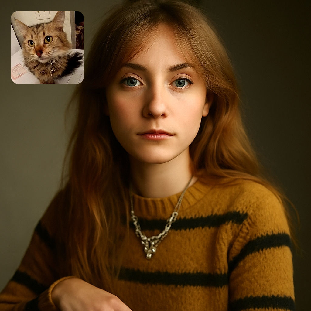 A close-up of a fluffy tabby cat with big, curious eyes and a shiny charm hanging from its collar, sitting on a white surface with a slightly blurry background including a light switch and a patterned couch.