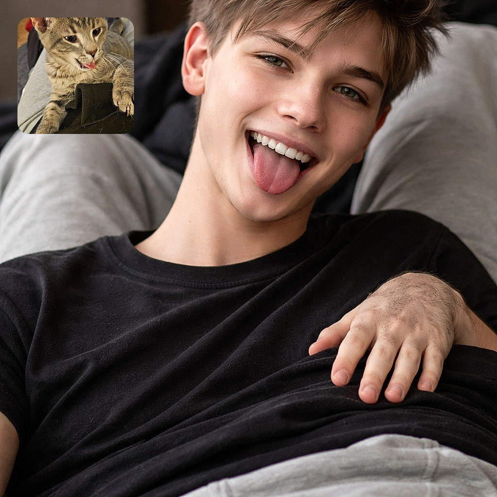 A gray tabby kitten draped over someone's lap with its tongue flopping out like it just told a hilarious secret — ears perked, whiskers forward, and tiny claws gripping a black shirt as if to say 'I own this comfy throne.' Background shows cozy room bits, but the cat is the full diva of the frame.