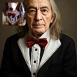 A dapper dog named Ollie sporting a fancy tuxedo bib with a red plaid bow tie, sitting patiently and looking adorably serious on a cozy carpet.