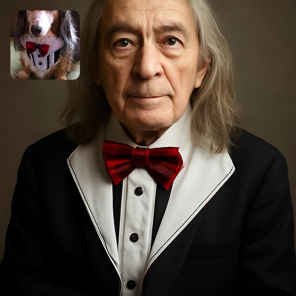 A dapper dog named Ollie sporting a fancy tuxedo bib with a red plaid bow tie, sitting patiently and looking adorably serious on a cozy carpet.