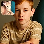A close-up photo of a curious beige tabby cat with striking amber eyes, snuggling close to a person wearing a beige ribbed top. The cat's face is in sharp focus, while the person's face in the background is blurred out, creating a cozy and intimate vibe.