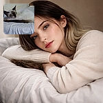 A sleepy Siamese cat curled up on a rumpled white bed, ears like little dark triangles poking out — the photo is grainy and low-light, giving it a cozy, slightly mysterious nap-time vibe.