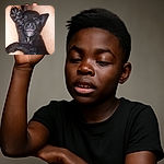 A tiny black puppy is caught mid-nap with one paw raised high, looking like it's giving a sleepy high-five or casting a magical spell. Its little teeth peek out as it snoozes between bare legs, creating an irresistibly cute and funny moment.