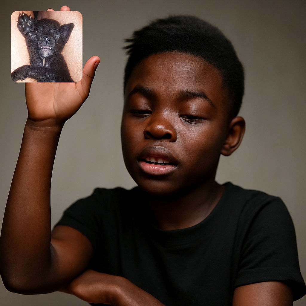 A tiny black puppy is caught mid-nap with one paw raised high, looking like it's giving a sleepy high-five or casting a magical spell. Its little teeth peek out as it snoozes between bare legs, creating an irresistibly cute and funny moment.