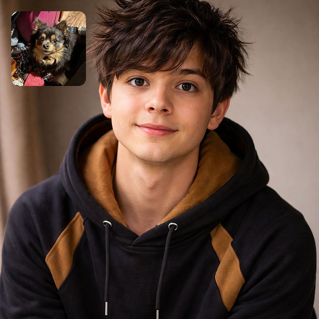 A fluffy black and tan dog with big, expressive eyes looks up curiously while sitting among a cozy pile of blankets and a pink slipper on a wooden floor, surrounded by household clutter.
