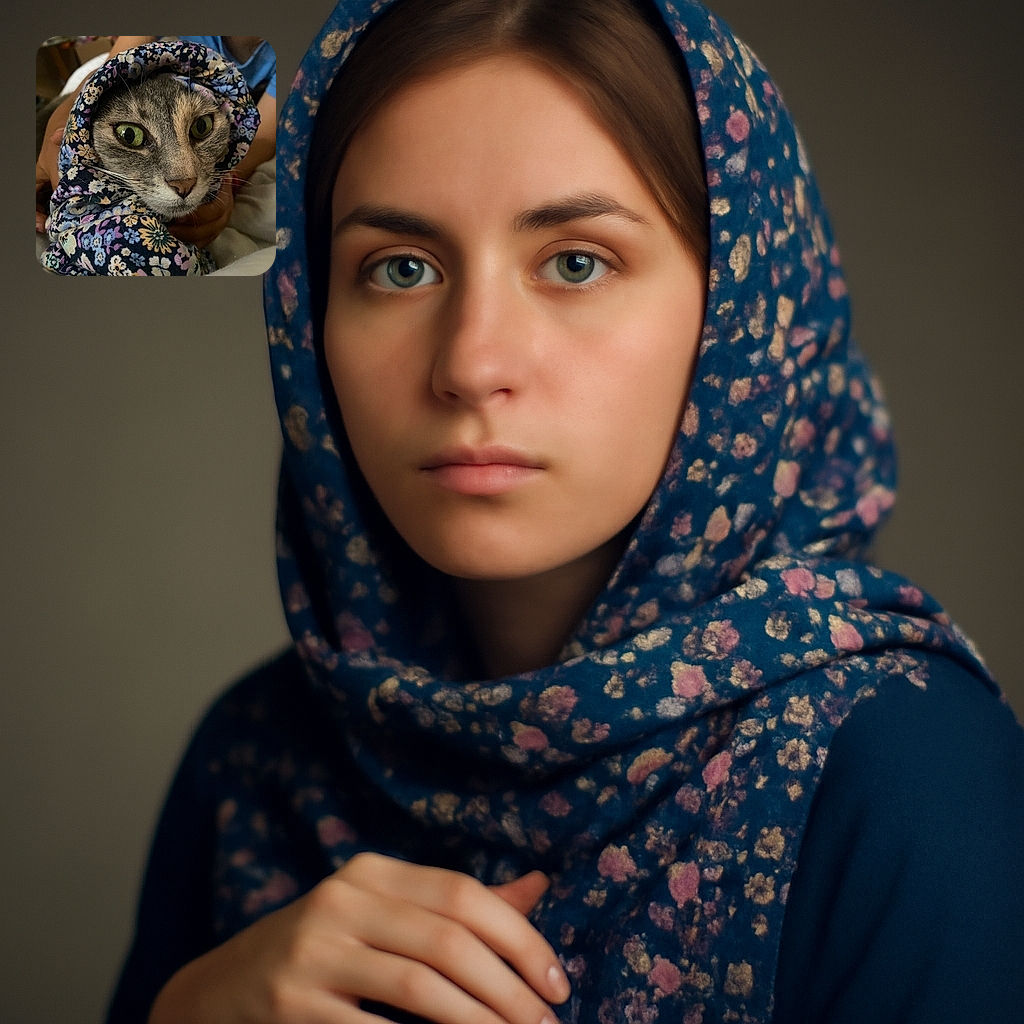 A close-up photo of a cat with striking green eyes wrapped snugly in a colorful floral cloth, held gently by a person wearing a blue shirt. The cat looks both curious and slightly bewildered, as if wondering why it’s suddenly become a fashionable burrito.
