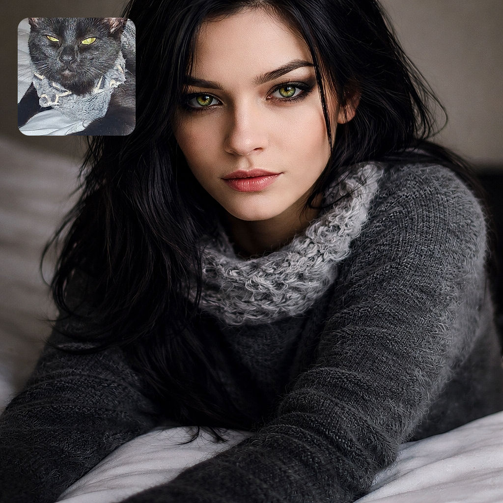 A sassy black cat in a fuzzy sweater glares at the camera with glowing yellow eyes — clearly judging your life choices while comfortably sprawled on the bed.