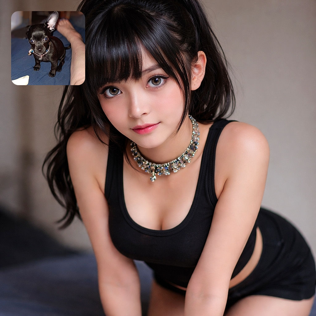 A tiny black puppy with big, shiny eyes and an adorable beaded collar sits attentively on a blue surface next to a person's leg, looking like the cutest little guardian of the couch.