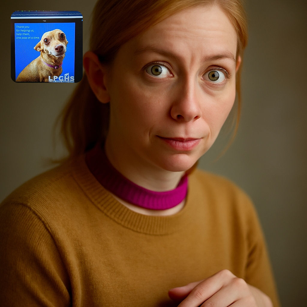 A close-up photo of a small dog with big eyes wearing a purple collar, set against a bright blue background with a heartfelt message from a humane society urging help for animals. The dog looks slightly confused or curious, making it both adorable and engaging.