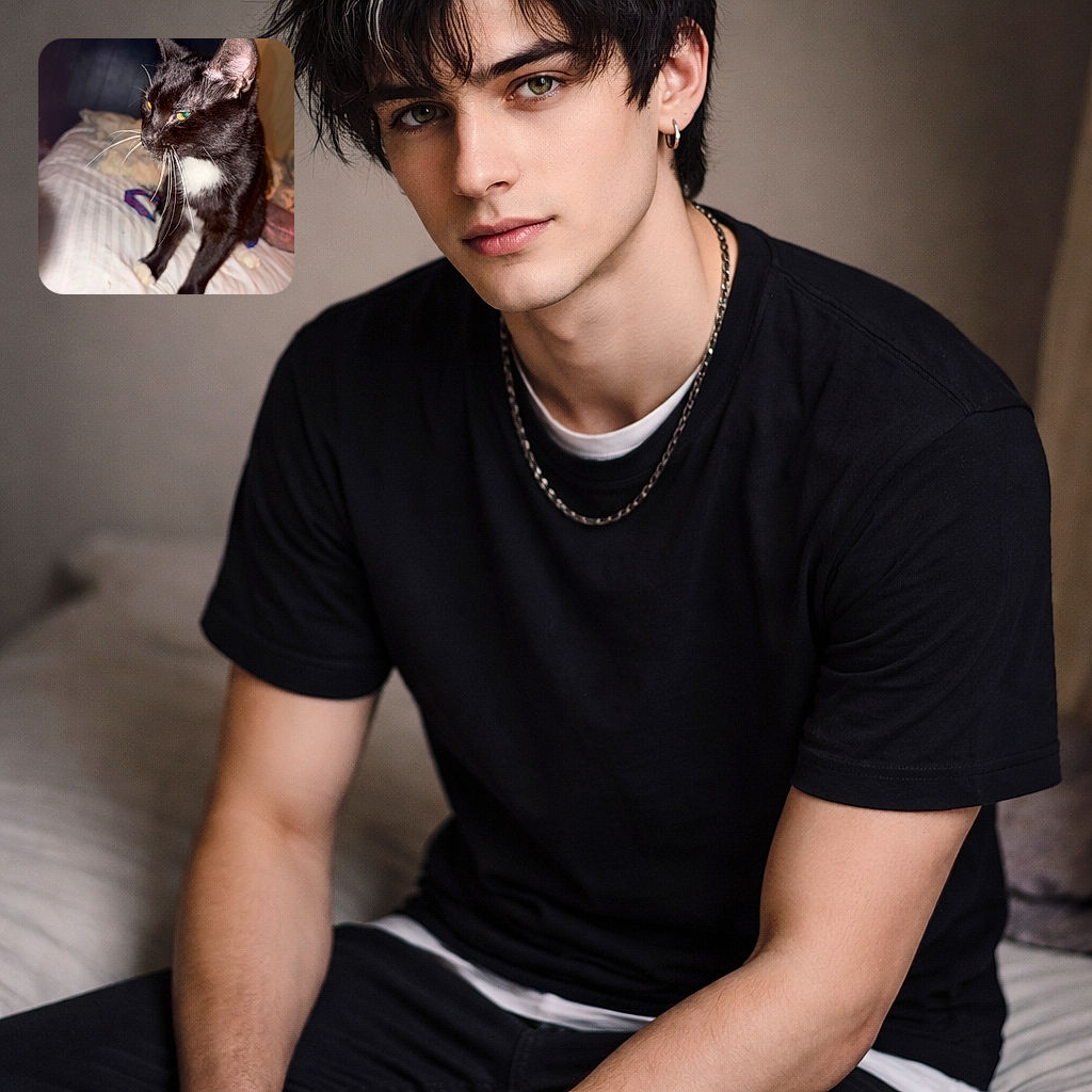 A sleek black and white cat with striking yellow-green eyes is perched on a bed, looking off to the side with a curious expression. The background is softly blurred, highlighting the cat's shiny fur and long white whiskers, while the cozy bedding adds a warm, homey vibe.