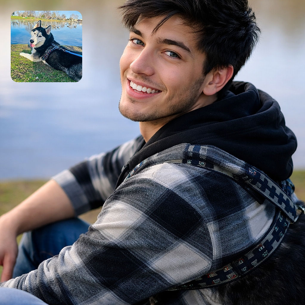 A happy husky lounges on the grassy bank by a serene lake filled with floating ducks, sporting a cool harness and leash, with a bright blue sky and bare trees in the background, capturing a perfect outdoor chill moment.