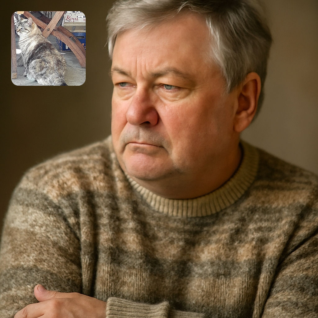 A fluffy tabby cat sits regally on a concrete floor under a wooden chair with a cozy paw-print blanket draped over it. The background shows some cardboard boxes, giving the scene a casual, homey vibe.