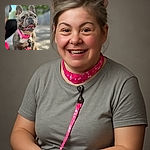 A happy French Bulldog with a pink collar and leash sits outdoors, tongue out and eyes bright, with a blurred background and a person partially visible holding the leash.