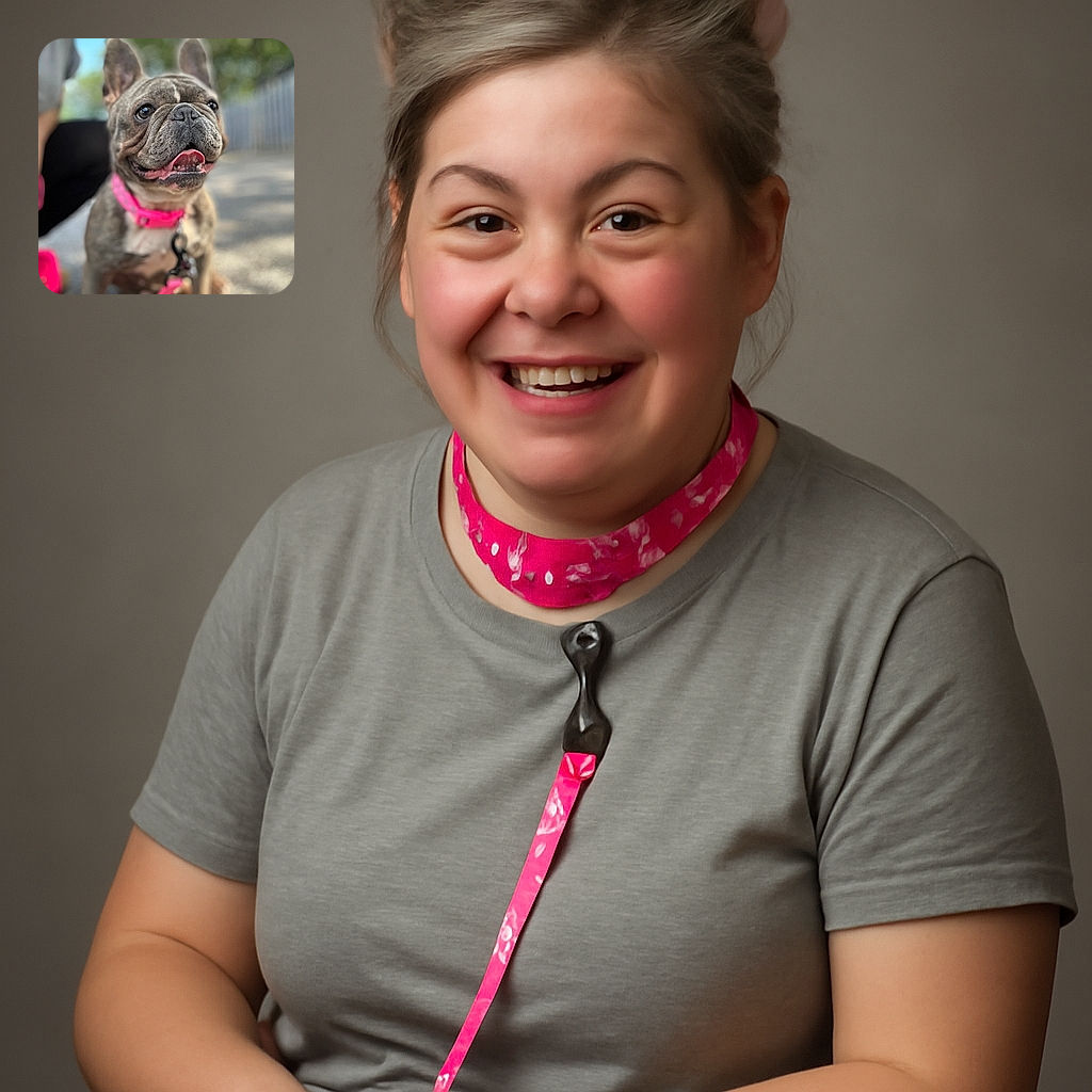 A happy French Bulldog with a pink collar and leash sits outdoors, tongue out and eyes bright, with a blurred background and a person partially visible holding the leash.