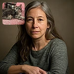 A slightly blurry photo of a relaxed gray tabby cat lounging on a pink patterned chair, with a cozy indoor background featuring kitchen appliances and shelves.