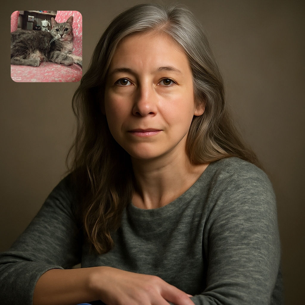 A slightly blurry photo of a relaxed gray tabby cat lounging on a pink patterned chair, with a cozy indoor background featuring kitchen appliances and shelves.