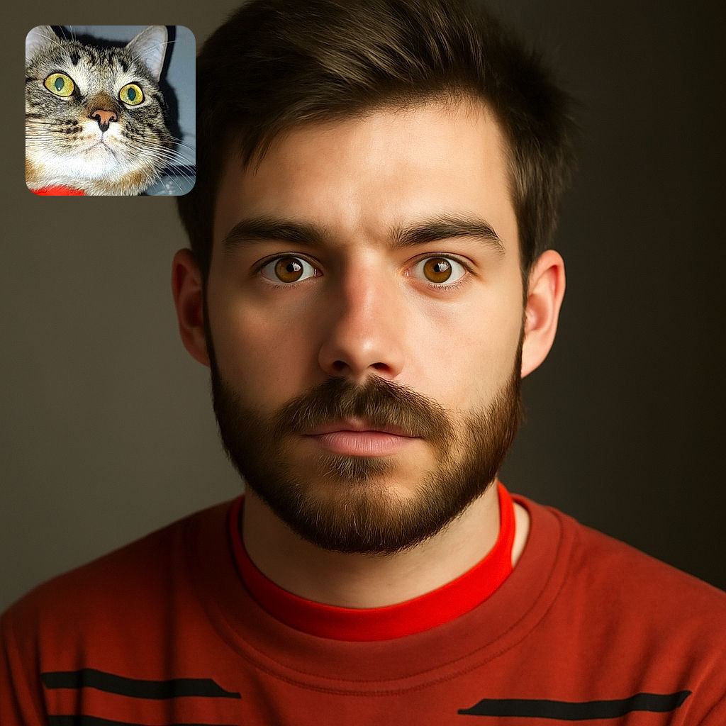 A close-up shot of a curious tabby cat with striking yellow eyes and a bright red collar, staring intently as if it just spotted a secret treat.